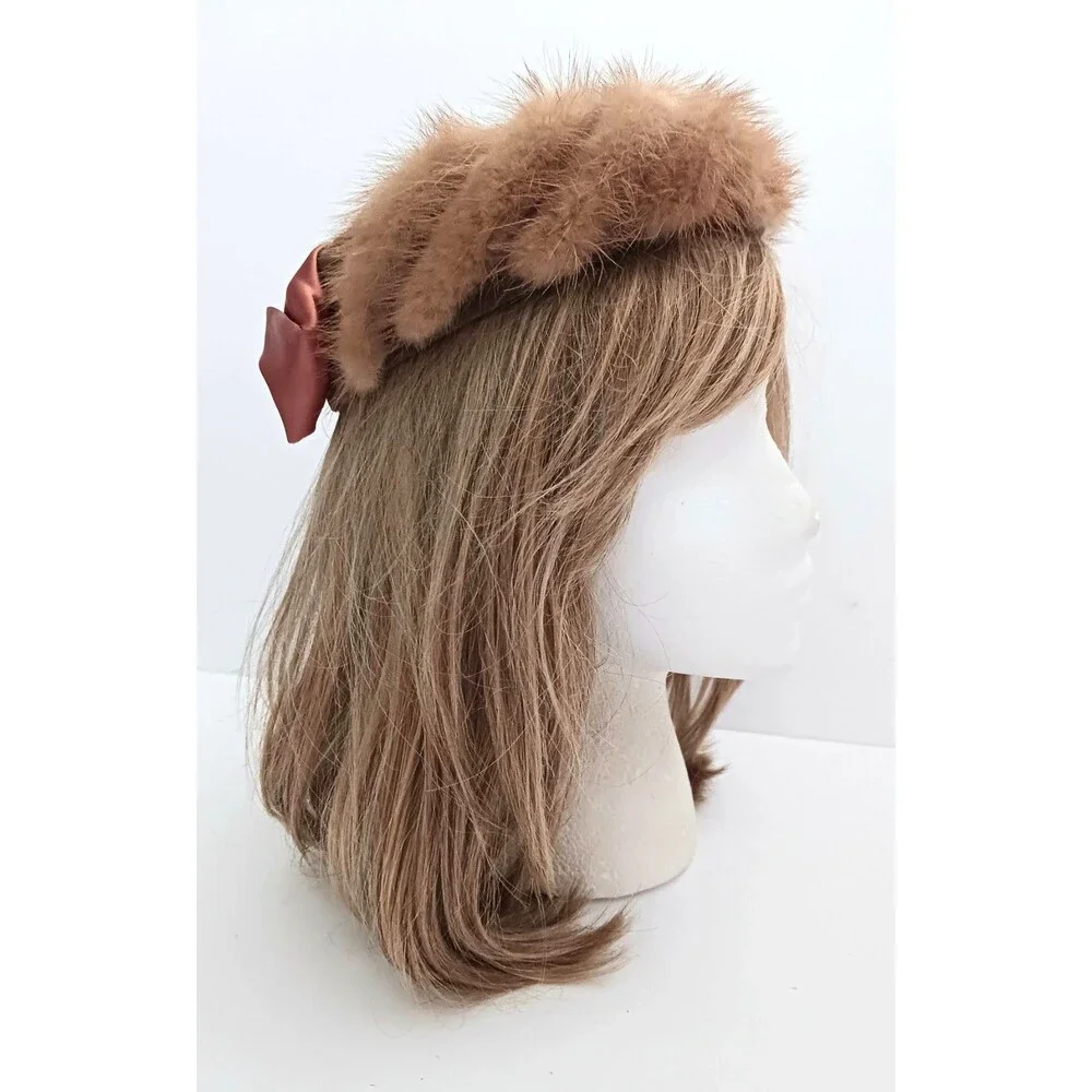 VTG Mink / Velvet Circle Hat Bronze Satin Bow Open Crown O/S